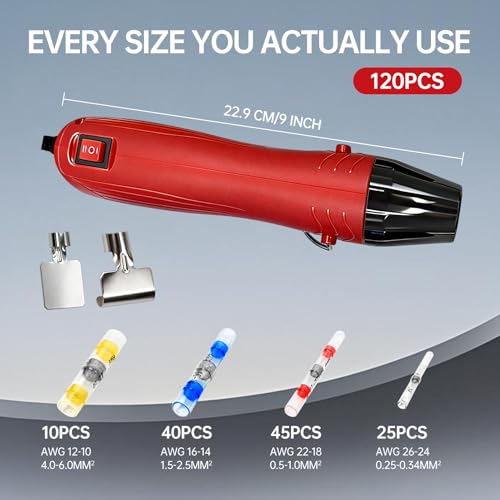 120PCS Solder Seal Wire Connectors Kit with Dual Temp Heat Gun, Heat Shrink Solder Butt Connectors Waterproof Electrical Terminals for Automotive Marine Boat RV Wiring Repair (120, RED) - color: RED