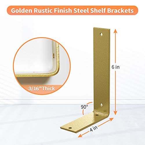 Gold Heavy Duty Shelf Brackets 6 Inch, Rustic Gold Iron L Shelf Bracket, Industrial Modern Metal Floating Shelf with Hardware for DIY Open Shelving, 4 Pack - color: Gold, size: 6 Inch