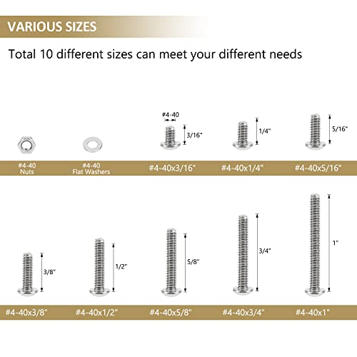 252 Pieces #4-40 x 3/16", 1/4", 5/16", 3/8", 1/2", 5/8", 3/4", 1", Button Head Socket Cap Screws Nuts Washers Assortment Kit, 304 Stainless Steel, Fully Machine Thread - size: #4-40, style: Button Head