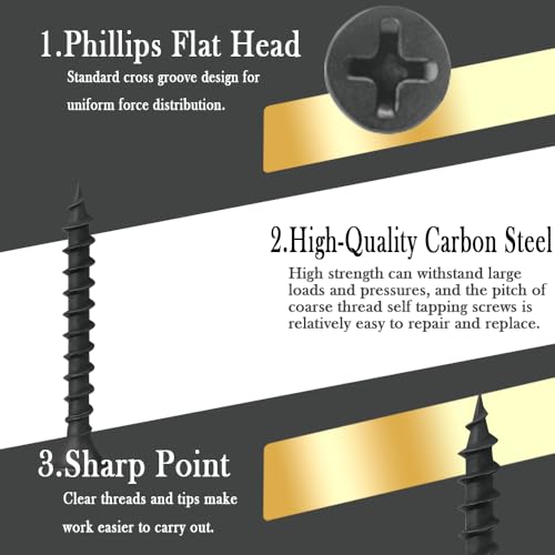 Drywall Screws Kit #7 x 2-Inch, Coarse Thread Wood Screws, Bugle Head Phillips Drive Sheetrock Screws Set, Self Tapping Dry Wall Screws, Phosphate Coated Finish, Sharp Point, Black, 60 Pack - size: #7 x 2-Inch
