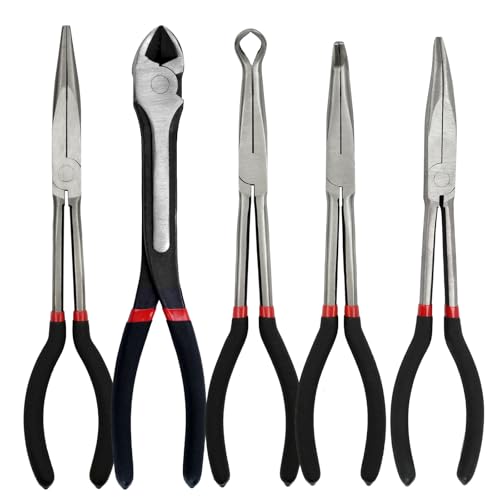 5-Piece 11" Extra Long Needle Nose Pliers Set, Premium CRV Steel - size: 5 Pieces - 11" - Straight/45°/90°/Circle/Diagonal