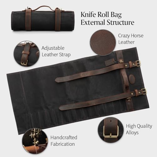 XINZUO Chef Knife Roll Bag Professional,16oz Waxed Canvas and Crazy Horse Leather,12 Slots Plus 2 Zipper Pockets,Adjustable Shoulder Strap-Travel Tool Roll Pouch(Bag Only) - color: Black