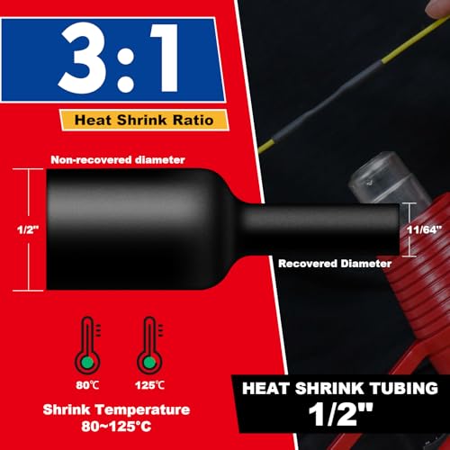1/2" Heat Shrink Tubing, 32.8 Feet Roll Industry Marine Grade 3:1 Shrink Ratio Shrink tubing, Adhesive Lined Heat Shrink Tube, 1/2 Waterproof Shrink Tube for Wires Home Marine Automotive-Black - size: 1/2" -32.8 Feet