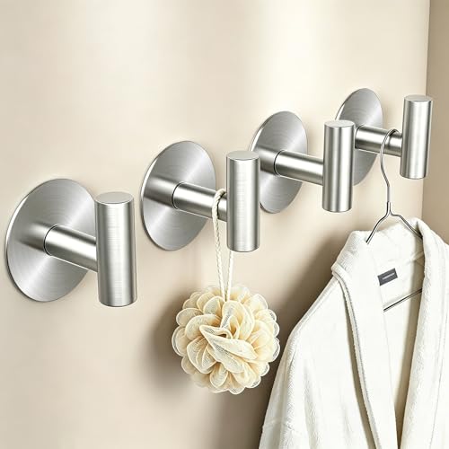 Heavy Duty Self-Adhesive Coat Hooks, Stainless Steel Towel Hooks for Bags, Towels, Robes, Hats, Aprons – No Drill Bathroom, Kitchen, Hotel Wall Hooks (Silver, 4 Pack) - color: Silvery, size: Adhesive "T" Shape- 4 Pack