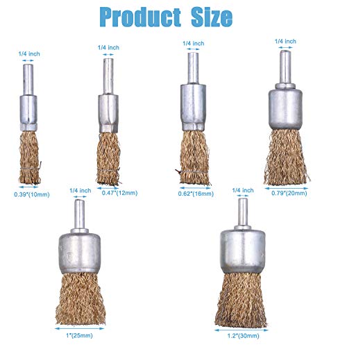 18 Pack Wire End Brush Set, Brass Wire Brush for Drill ,6 Sizes 0.012" Crimped Wire Wheel for Drill 1/4 Inch Shank, for Drill Attachment