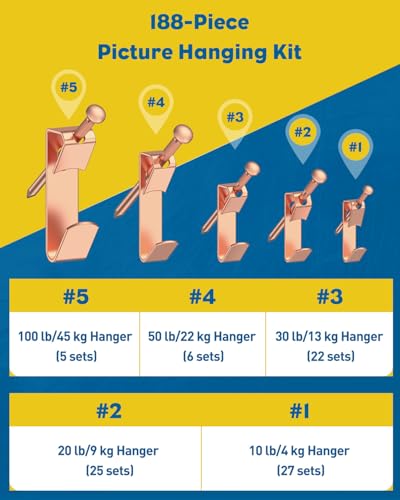 Uniclife 188 Pcs Rose Gold Picture Hanging Kit, 10 lb, 20 lb, 30 lb, 50 lb, 100 lb Heavy Duty Picture Hangers for Drywall & Wood, Picture Hanging Hooks, Frame Hooks for Hanging Photos - size: 188 Pcs, style: Rose Gold