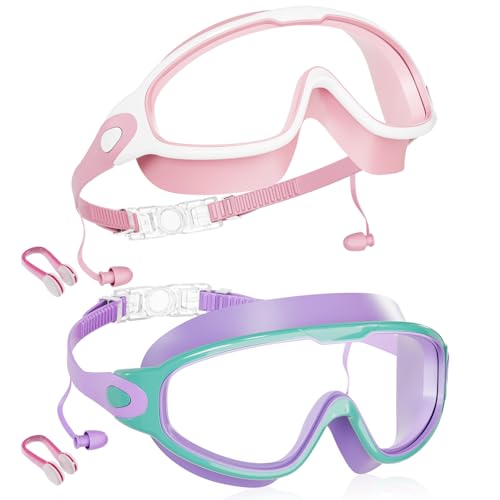 Aegend New Kids 2 Pack Wide View Swim Goggles, Anti-Fog/UV No Leak Goggles with Ear Plugs Kids 3-14 - color: Pink & Purple
