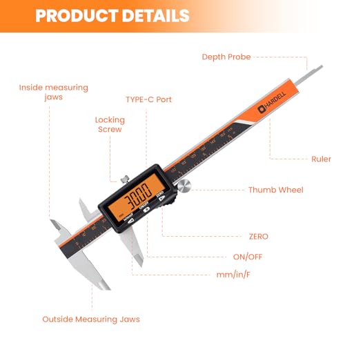 HARDELL Digital Caliper 6 Inch with Orange LCD, USB-C Calipers, Non-Backlit - size: 6 Inch