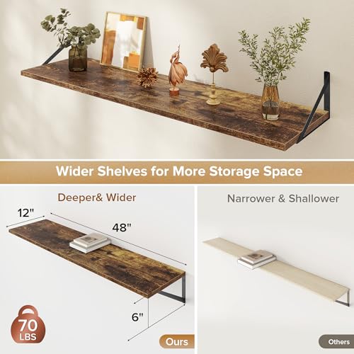 Acovy Deep Floating Shelves Wall Mounted, 48"x12" Brown Wood Shelves with Brackets Set of 2 for Bedroom, Living Room, Bathroom, Kitchen, Office - Storage & Display Shelf for Decor, Books, Plants - color: Rustic Brown, size: 48"Wx12"D-2pcs