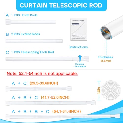 White Tension Curtain Rod 30 to 64 Inch,Adjustable Curtain Rod - color: White, size: 30-64"
