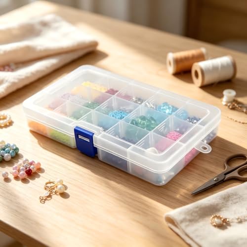 Eiito Bead Organizer, 15 Grids, Small Plastic Clear Box, 4 Pack