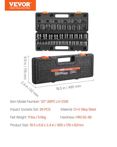 VEVOR 1/2" Drive Impact Socket Set 26-Piece, Metric (10-36mm) Sizes Standard Socket Set CR-V Material for High Durability Impact Wrench - size: 1/2" 26 PCS