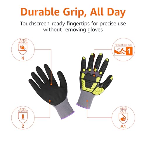 Amazon Basics Cut Level A1, Abrasion ANSI Level A4, Impact Resistant Safety Work Gloves, Touch Screen Friendly, 15G Sandy Nitrile Coated Palm, Yellow, Size 3X-Large, 120-Pack - size: 3X-Large