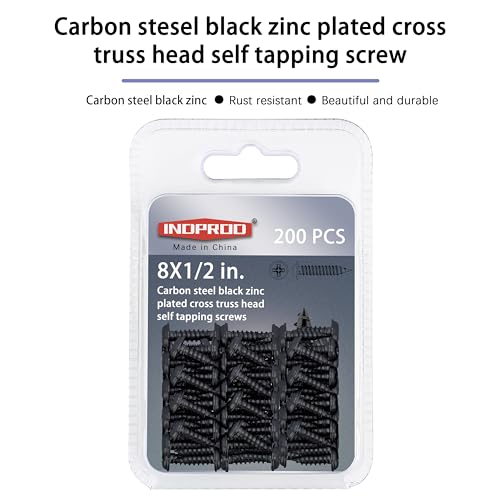 Black Wood Screws 1/2 Inch, 200Pcs Self Tapping Wood Screw #8 x 1/2", Zinc Plated Steel, Modified Truss Head, Phillips Drive, Carbon Steel, for Drywall/Metal/Plastic/Furniture, Black - size: #8 x 1/2"