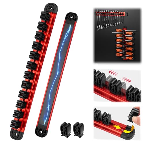 SEDY Magnetic Screwdriver Organizer and Wrench Organizer, 14-Slot Screwdriver and Wrench Holder, Magnetic Aluminum Rail Tool Organizer for Tool Box Drawer Wall-Mount Storage, Red (Tools not Included) - style: 1-Pack Red (14-Slot)