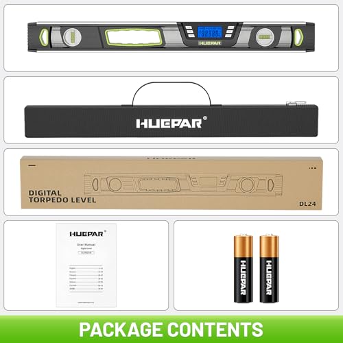 Huepar 24-Inch Digital Level, Professional Magnetic Electronic Torpedo Level with LCD Display, Audible Alerts, IP54 Dust/Waterproof, Angle Finder Tool with Carrying Case - size: 24 Inch Level