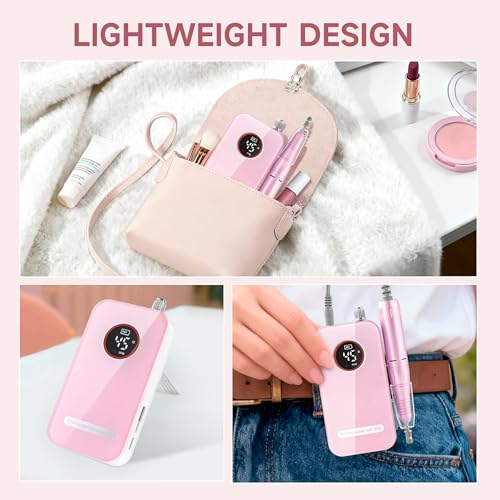 Professional Nail Drill, 45000RPM Rechargeable Cordless Electric File,Pink - color: Pink