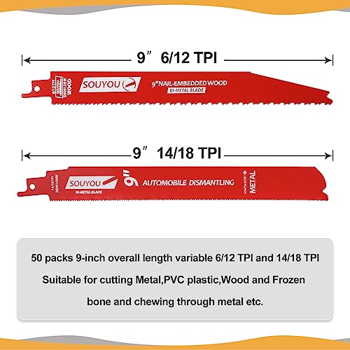 50 Pack 9 in 14/18 TPI Bi-Metal Reciprocating Saw Blades with Organizer Carbide Alloy Steel for Automobile Dismantling Metal Steel Cutting Non-Stick Coated for Less Heat for 1/16-5/16 Medium Metals - size: 9in 50Pack, style: 14/18 Tpi