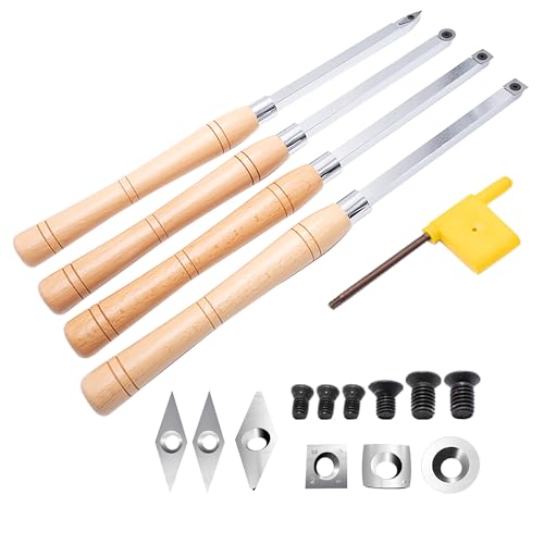 17 inch Wood Lathe Turning Tools Set 4 pcs, 17" Finisher Carbide Tipped Lathe Chisel Tool Bar, with Wooden Handles and Square Round Diamond Carbide Inserts