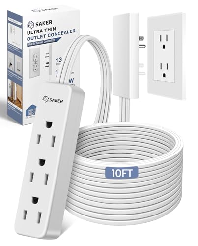 Saker Outlet Concealer, 10ft Flat Extension Cord, 3 Outlets, White - style: 10ft