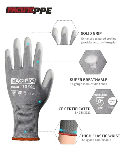 PACIFIC PPE PU Coated Grip Work Gloves, Touchscreen, Seamless Knit, Medium - color: Gery (18 Pairs), size: Medium(Fits like S)