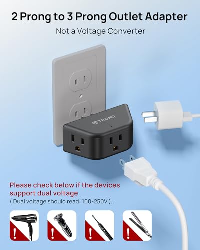 TROND 2 Prong to 3 Prong Outlet Adapter for Old House - color: Black, size: 3AC-2 Prong Plug, 1 Pack