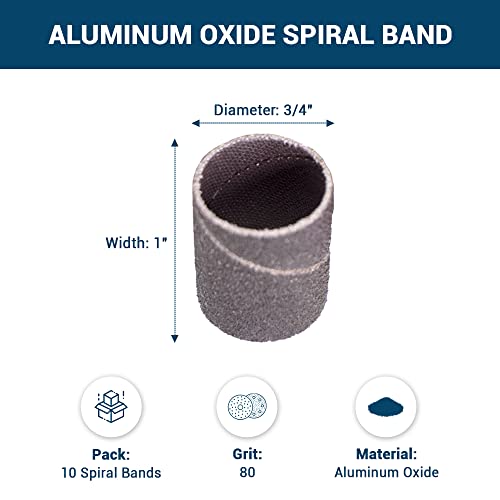 Benchmark Abrasives 3/4” x 1” Aluminum Oxide Abrasive Spiral Bands for Rotary Tools, Drum Sleeves for Sanding Deburring Blending Polishing on Metals Plastic Wood Rubber (10 Pack) - 80 Grit - style: 80 Grit