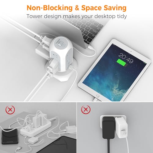TESSAN Tower Power Strip Flat Plug with 1050J Surge Protection, 6 Ft, Grey (Pack of 2) - color: White, size: 6 Feet (Pack of 2)