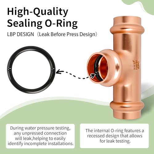 (wdaisy 15 Pack) Copper Press Fittings Kit – 1/2 Inch Tee, Elbow & Coupling, Press Compatible Copper Plumbing Fittings, Lead-Free, for Potable Water - size: 1/2" Combo Kit - 15P