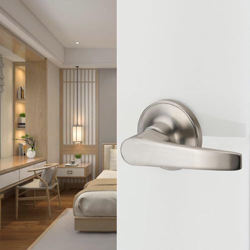 1 Pack of MANREN Lever Passage Door Lever Handle Lock, Universal Door Knob Hardware,Nickel Brushed Color (MR802pa) - color: Nickel Brushed, style: Passage