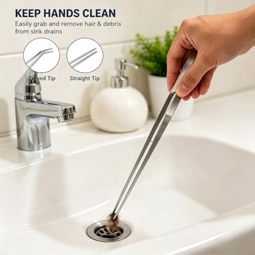 2PCS Long Tweezers for Sink Drain - 10.6 Inch Drain Hair Removal Tool with Straight & Curved Tips, Stainless Steel Grabber for Bathroom Shower Drain Kitchen Sink Clog Cleaner, Remove Hair & Debris