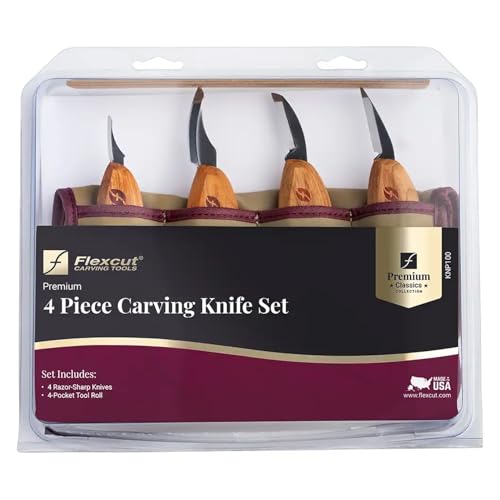 Flexcut Premium Series Wood Carving Tool Set, 4-Piece Kit with Cutting, Detail, Pelican, and Mini-Pelican Knives Plus Tool Roll, Ergonomic Cherry Wood Handles, USA Made
