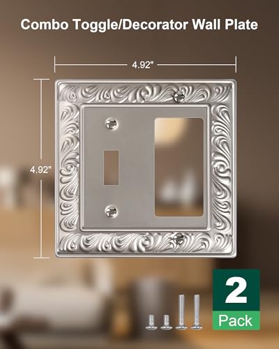 2-Pack Paisley Pattern Combo Toggle/Decorator Light Switch Cover Plate | Decorative Wall Outlet Cover Plate, Electrical Outlet Covers, Metal Wall Switch Plates and Outlet Covers, Satin Nickel - color: Satin Nickel, size: 1 Toggle/1 Decorator 2PK