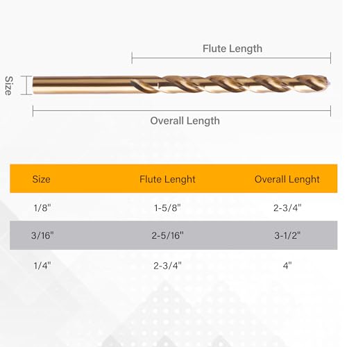 3/16 Inch Cobalt Drill Bits, 13 Pack of M35 HSS, 135 Degree Tip, Jobber Length Twist Drill Bit Set for Hard Metal, Stainless Steel, Cast Iron, Wood and Plastic, with Storage Case - style: 3/16-13pcs
