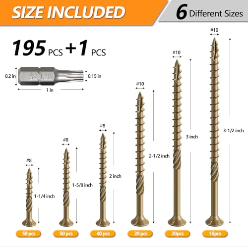 #8#10 Wood Screws Kit, 6 Sizes (1-1/4", 1-5/8", 2", 2-1/2", 3", 3-1/2") - color: Yellow