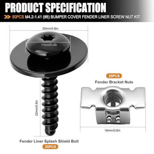 mankk 50PCS M4.2-1.41 (#8) Fender Liner Splash Shield Bolt Screw and Clips GM Fender Liner Screws 11548270 11609952 - color: Black-M4.2-1.41 (#8) Kit