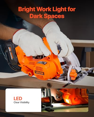 VEVOR 20V Cordless Circular Saw, 6-1/2" Brushless Circular Saw, 4700 RPM, 0-45 Degree Bevel Capability, LED Light, Electric Circular Saw Kit with Battery and Charger Included, for Wood Cutting - size: 6-1/2 in