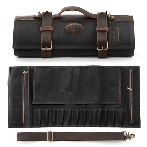 XINZUO Chef Knife Roll Bag Professional,16oz Waxed Canvas and Crazy Horse Leather,12 Slots Plus 2 Zipper Pockets,Adjustable Shoulder Strap-Travel Tool Roll Pouch(Bag Only) - color: Black