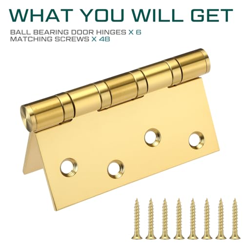 6 Pack Gold 4'' Ball Bearing Door Hinges, 4 x 4 Inch Exterior Door Hinge - color: Gold