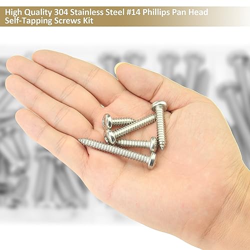 50 Pieces #14 x 3/4" 1" 1-1/4" 1-1/2" 2" Phillips Pan Head Self-Tapping Screws, Wood Screws Assortment Kit, 304 Stainless Steel - size: #14