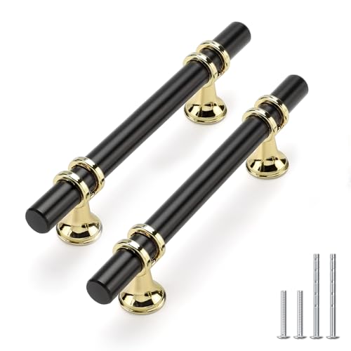 Rergy 10 Pack 3-3/4 Inch Hole Center Black and Gold Cabinet Handles - color: Black&Gold, size: 3-3/4in Hole Center(96mm)