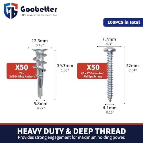 Drywall Anchors and Screws Kit, 100 Pcs Self Drilling Drywall Anchors, 50 Pcs Zinc Sheetrock Anchors and 50 Pcs #8 x 2 Metal Screws, Heavy Duty Hollow Wall Anchors, 75 Lbs Hanging Mounting - size: #8 x 2"
