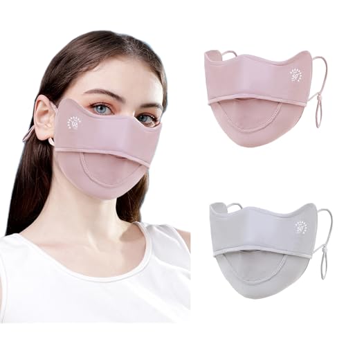2Pcs UV Face Mask, Sun Masks for Women, Cooling Breathable Face Cover for Outdoors, Washable Reusable - color: Pink, Light Grey
