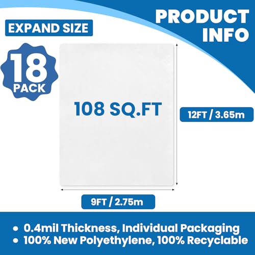 18 Pack Plastic Drop Cloth, 9 x 12 Feet Plastic Sheeting - color: 18p