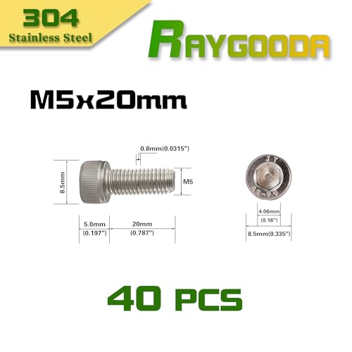 M5x0.8 x 20mm Socket Head Cap Screws Metric, 304 Stainless Steel (A2-70), Allen Socket Drive, Bright Finish, Full Thread, Rust & Corrosion Resistant, for Automotive, Machinery & DIY, 40 PCS - size: M5x20mm (40 PCS)