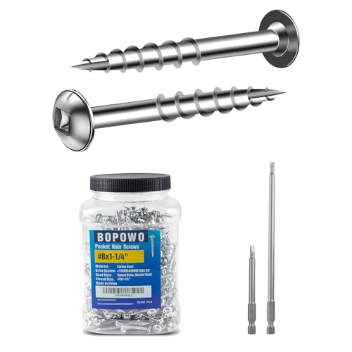 600PCS #8 x 1-1/4" Pocket Hole Screws,Interior Coarse Thread Square Drive Washer Head,Zinc Plated,with 150mm and 75mm Drive Bit - color: White, size: #8x1-1/4"
