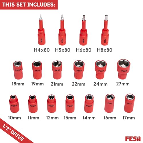 FESA Electrician Insulated Socket Set - 1000V 20-Piece Professional Insulated Ratchet & Socket Wrench Set (1/2" Drive) w/ 4 Hex Bits, T-Handle & Extension - 1000 Volt Insulated Tools for Electricians - style: 1/2" Drive (Storage Case)
