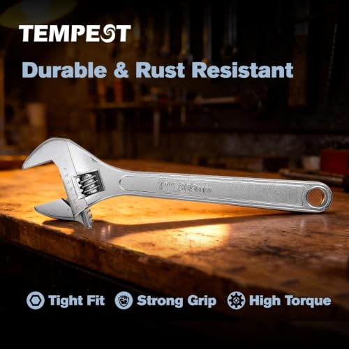 Tempest 12 Inch Adjustable Wrench with Laser Etched SAE and Metric Scales, Carbon Steel Heavy Duty Leverage Shifter Spanner with Smooth Worm Gear for Large Pipe Repairs and Mechanical Tasks - size: 12 Inch
