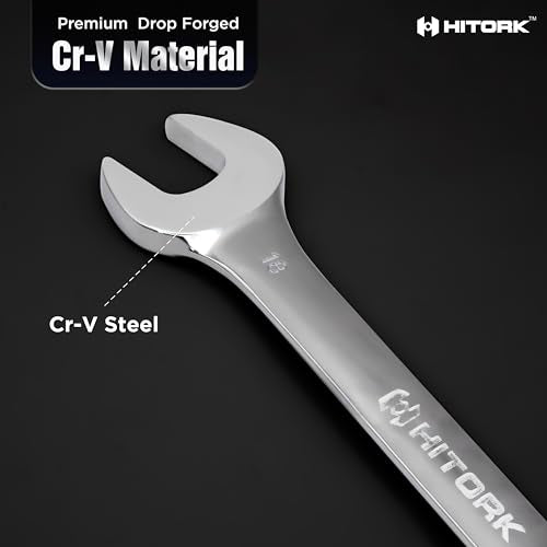 Hitork 6-Piece Large SAE Wrench Set, 12-Point Box End, Drop Forged Chrome-Plated Cr-V Steel, 15° Offset, Polished, Roll Pouch Included – Sizes 15/16” to 1-1/4”