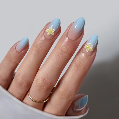 BTArtbox Press On Nails, Garden Party, Short Almond, Blue 3D Flower, 32Ct - color: A1-Garden Party